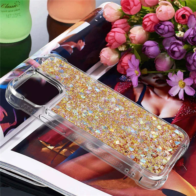 For iPhone 14 Plus TPU Case Glitter Quicksand Shockproof Phone Back Cover - Gold / Hearts