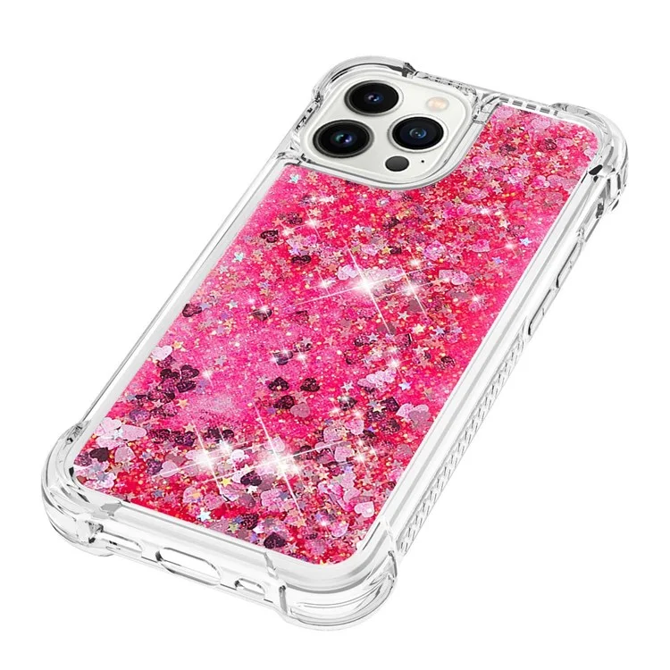YB Quicksand Series-1 per iPhone 14 Pro Max 6,7 pollici Custodia posteriore in TPU antiurto con glitter liquidi fluttuanti Sequin Anti-scratch Phone Shell - Pink / Hearts