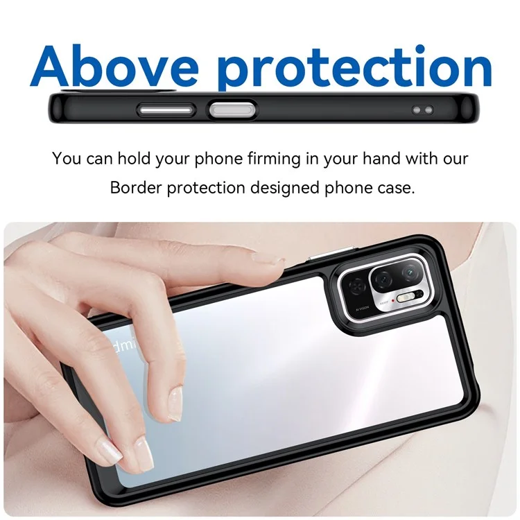 For Xiaomi Poco M3 Pro 4G / 5G / Redmi Note 10 5G / Note 10T 5G / Note 11SE 5G TPU Frame Acrylic Back Cover Brushed Clear Phone Protector with Independent Buttons - Black