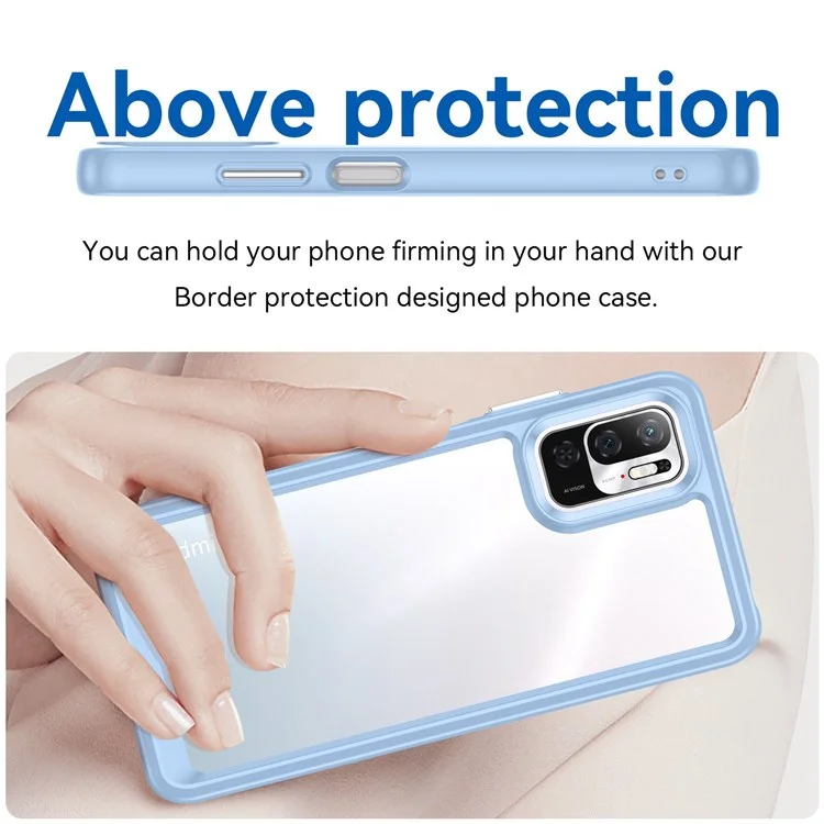 Pour Xiaomi Poco M3 Pro 4G / 5G / Redmi Note 10 5G / Note 10T 5G / Note 11SE 5G Cadre TPU Couvercle Arrière en Acrylique Brossé Clair Protecteur de Téléphone avec Boutons Indépendants - Bleu Bébé