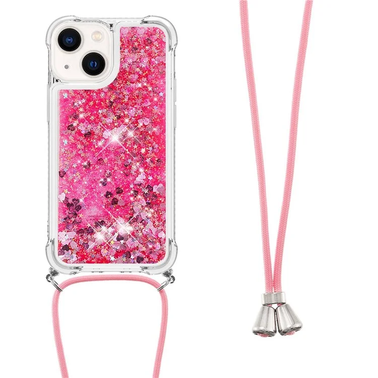 For iPhone 14 TPU Case Quicksand Design Phone Cover with Lanyard - Pink / Hearts