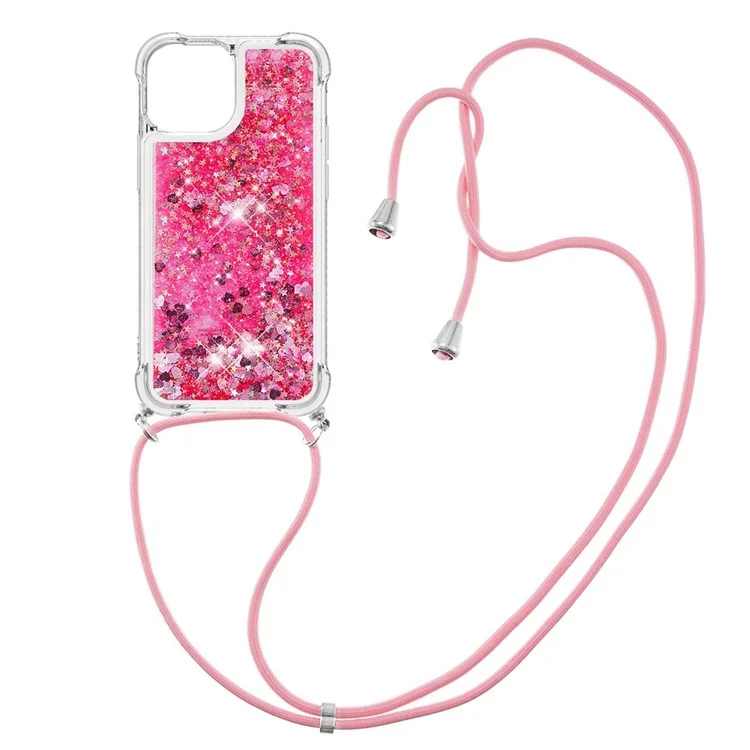For iPhone 14 TPU Case Quicksand Design Phone Cover with Lanyard - Pink / Hearts