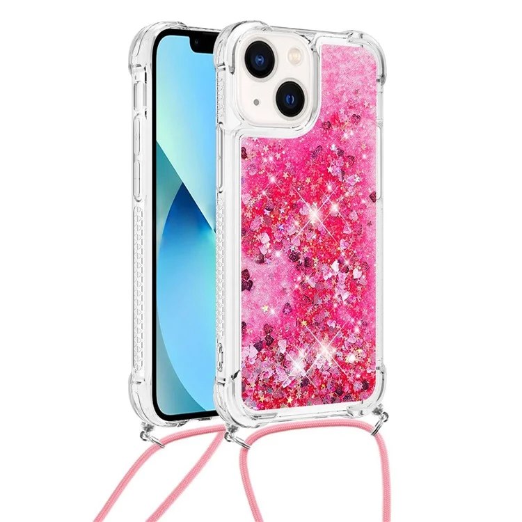 For iPhone 14 TPU Case Quicksand Design Phone Cover with Lanyard - Pink / Hearts