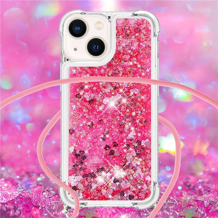 For iPhone 14 TPU Case Quicksand Design Phone Cover with Lanyard - Pink / Hearts