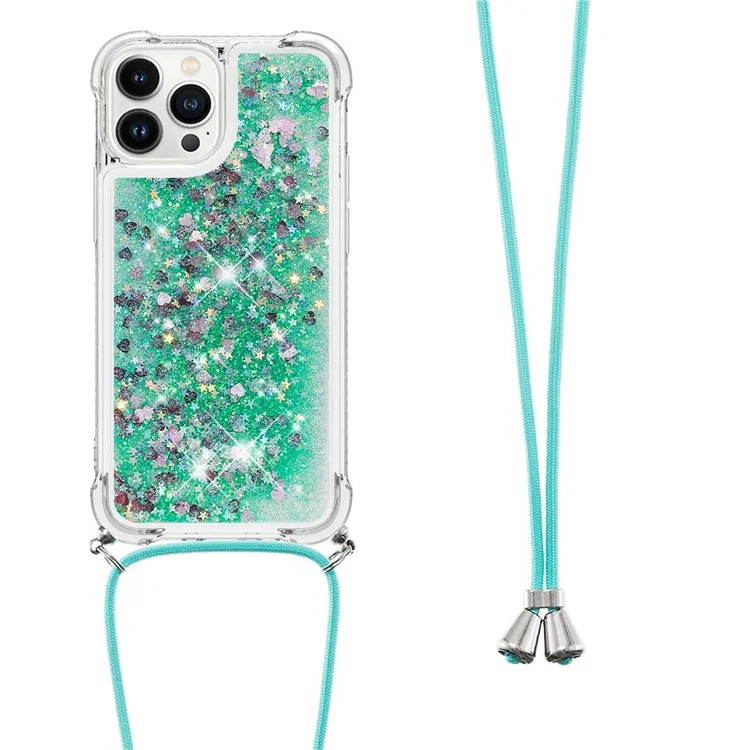 For iPhone 14 Pro TPU Case Quicksand Design Phone Cover with Lanyard - Green / Hearts