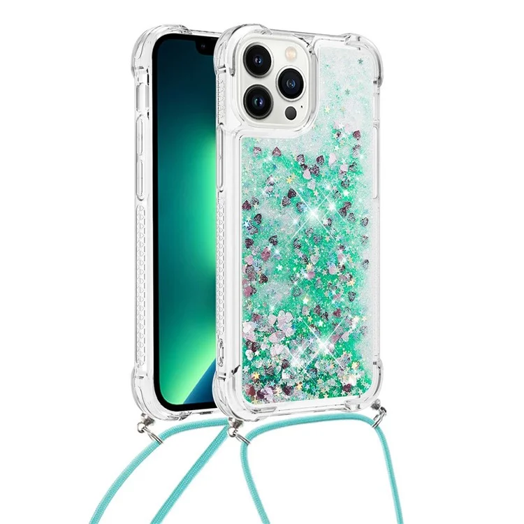 For iPhone 14 Pro TPU Case Quicksand Design Phone Cover with Lanyard - Green / Hearts