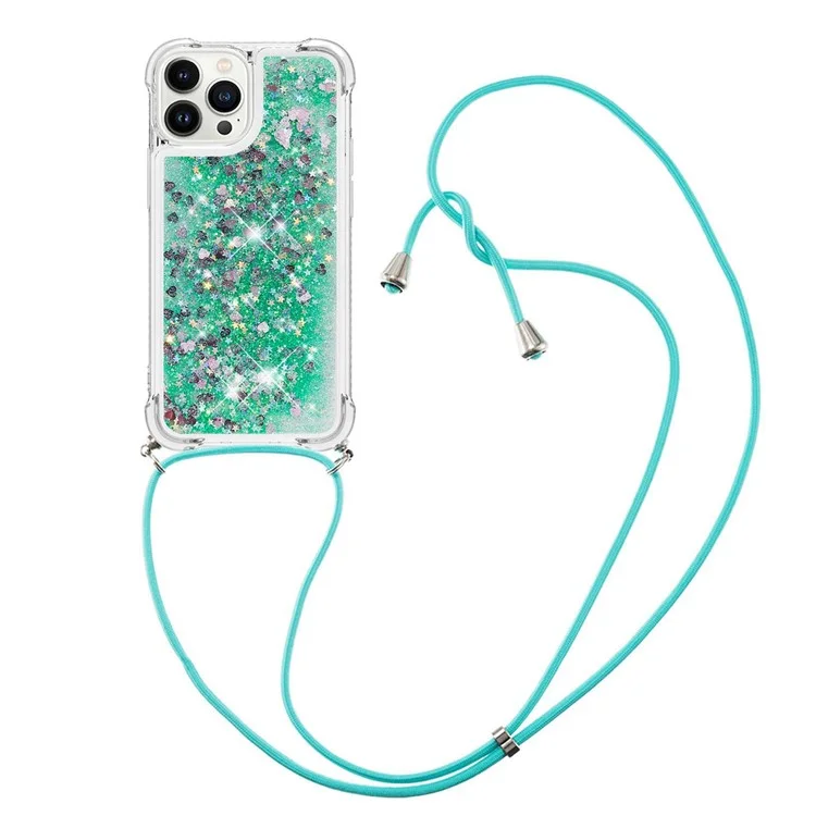 For iPhone 14 Pro TPU Case Quicksand Design Phone Cover with Lanyard - Green / Hearts