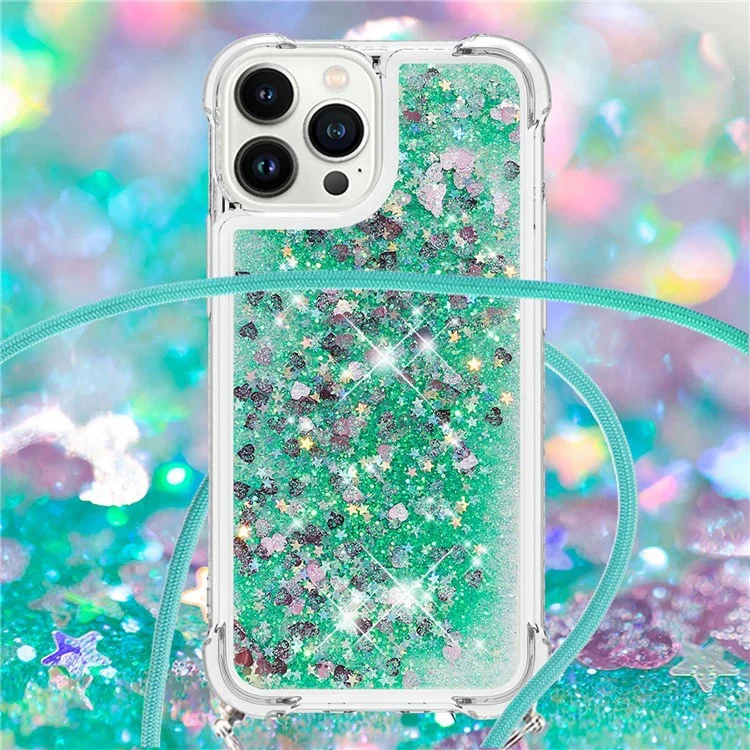 For iPhone 14 Pro TPU Case Quicksand Design Phone Cover with Lanyard - Green / Hearts
