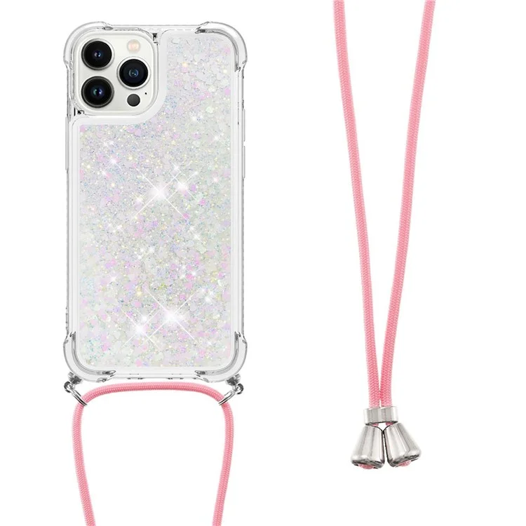 For iPhone 14 Pro Max TPU Case Quicksand Design Phone Cover with Lanyard - Laser / Hearts