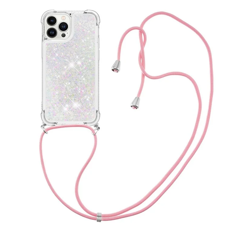 For iPhone 14 Pro Max TPU Case Quicksand Design Phone Cover with Lanyard - Laser / Hearts