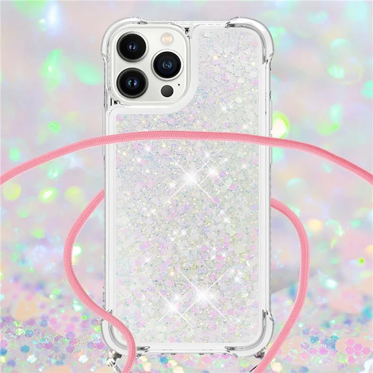 For iPhone 14 Pro Max TPU Case Quicksand Design Phone Cover with Lanyard - Laser / Hearts