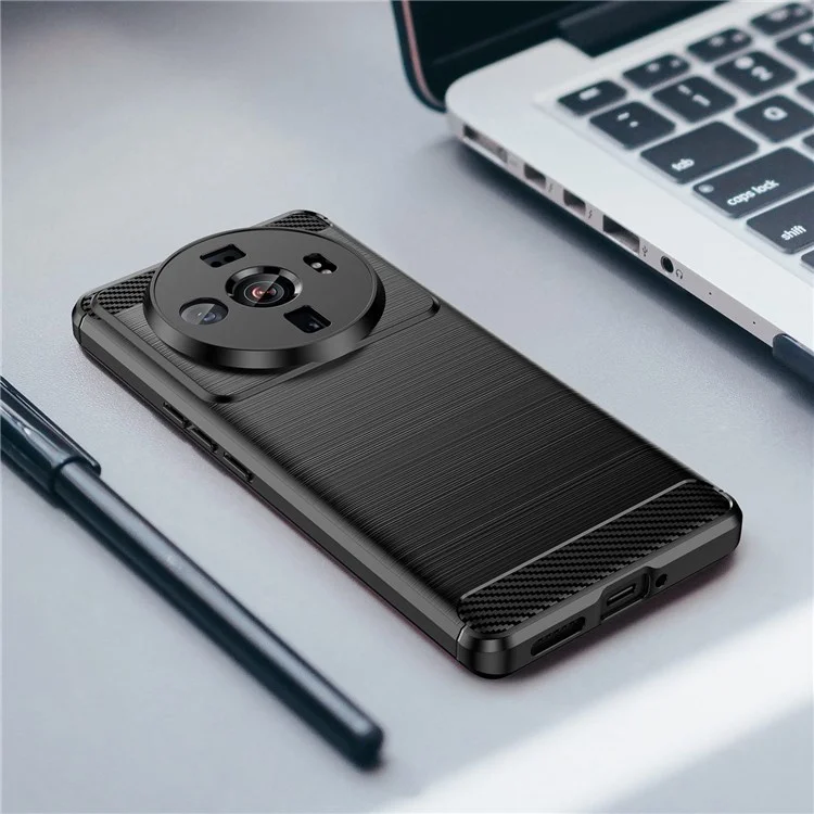 Brushed Slim Phone Case for Xiaomi 12S Ultra 5G, Carbon Fiber Texture TPU Cover Scratch Resistant Cell Phone Shell - Black