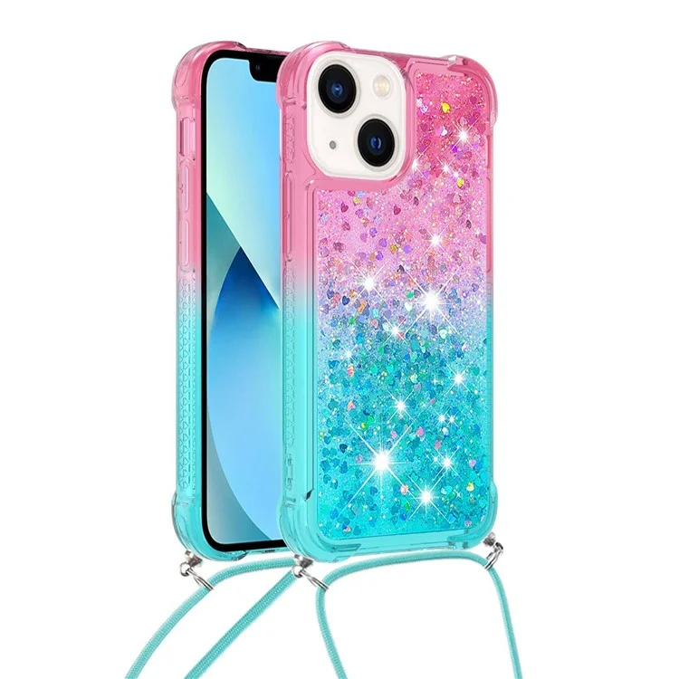 For iPhone 14 TPU Case Gradiant Quicksand Shockproof Cover with Lanyard - Pink / Sky Blue