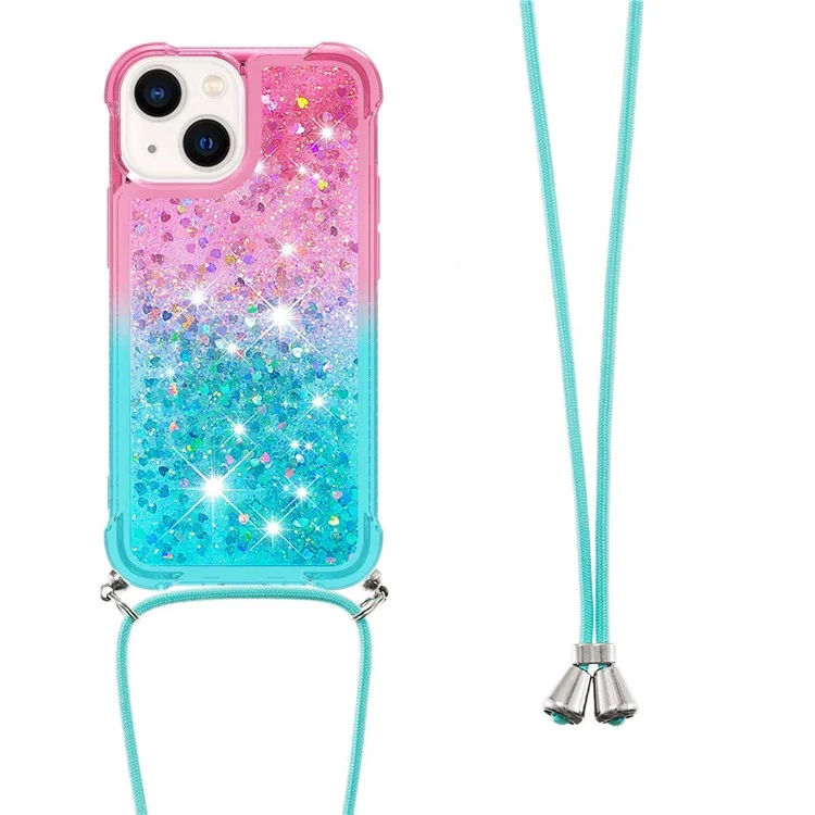 For iPhone 14 TPU Case Gradiant Quicksand Shockproof Cover with Lanyard - Pink / Sky Blue