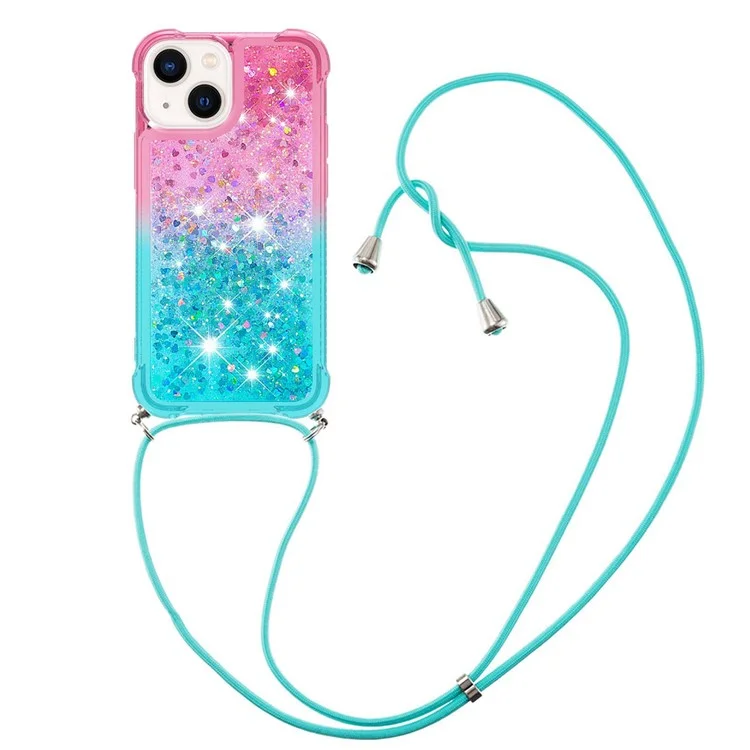 For iPhone 14 TPU Case Gradiant Quicksand Shockproof Cover with Lanyard - Pink / Sky Blue