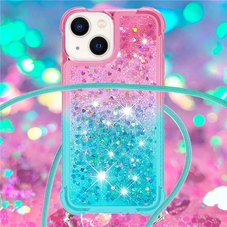 For iPhone 14 TPU Case Gradiant Quicksand Shockproof Cover with Lanyard - Pink / Sky Blue
