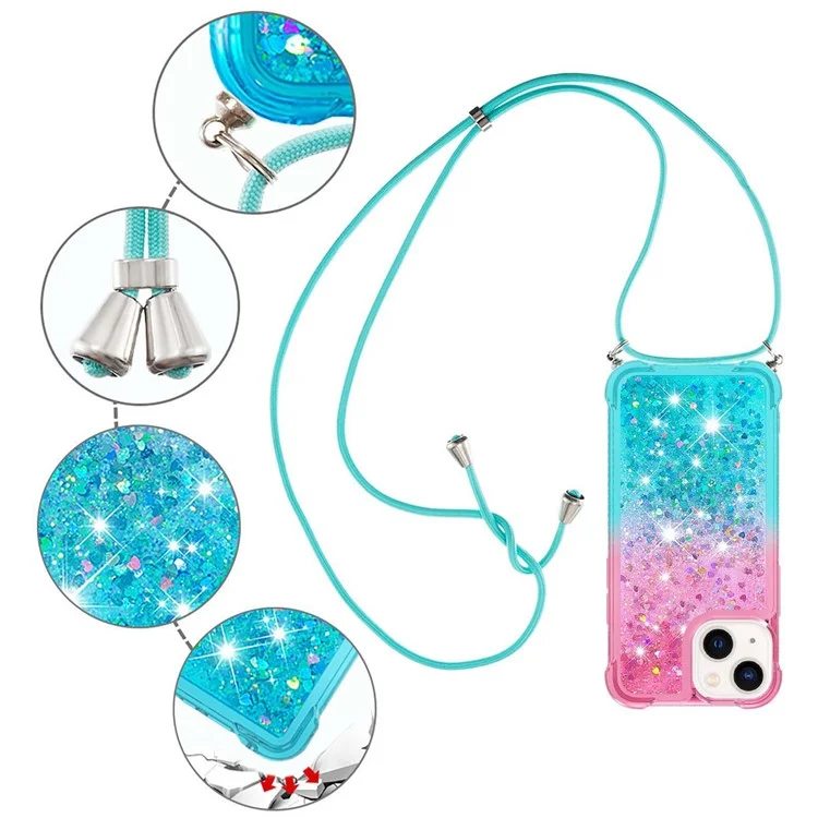 For iPhone 14 TPU Case Gradiant Quicksand Shockproof Cover with Lanyard - Pink / Sky Blue
