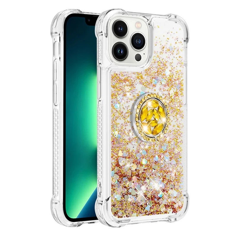 YB Quicksand Series-7 Für Iphone 14 Pro Max 6,7 Zoll Flüssigkeit Quicksand Protective TPU Back Cover Ringhalter Kickstand Telefonhülle - Gold / Herzen