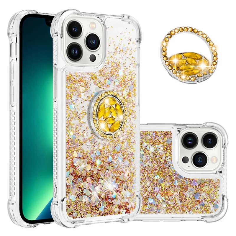 YB Quicksand Series-7 Für Iphone 14 Pro Max 6,7 Zoll Flüssigkeit Quicksand Protective TPU Back Cover Ringhalter Kickstand Telefonhülle - Gold / Herzen