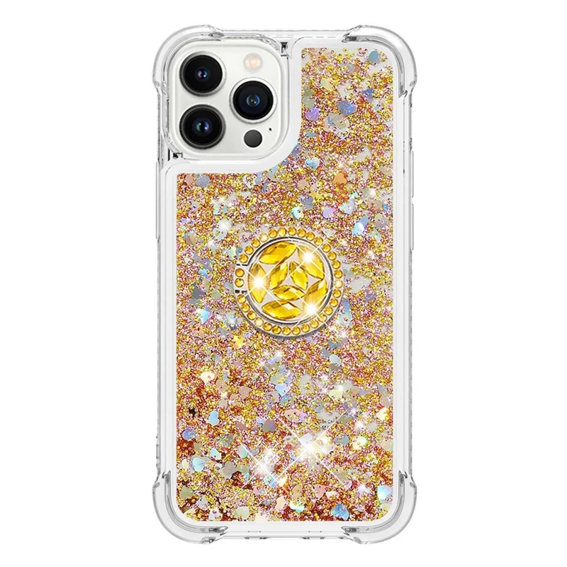 YB Quicksand Series-7 Für Iphone 14 Pro Max 6,7 Zoll Flüssigkeit Quicksand Protective TPU Back Cover Ringhalter Kickstand Telefonhülle - Gold / Herzen