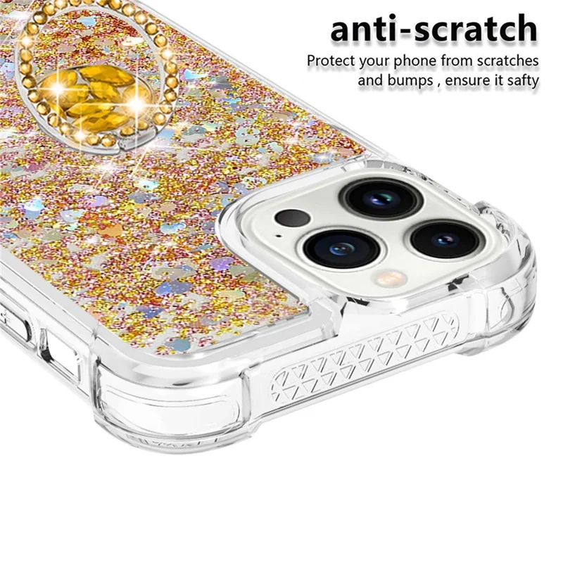 YB Quicksand Series-7 Für Iphone 14 Pro Max 6,7 Zoll Flüssigkeit Quicksand Protective TPU Back Cover Ringhalter Kickstand Telefonhülle - Gold / Herzen