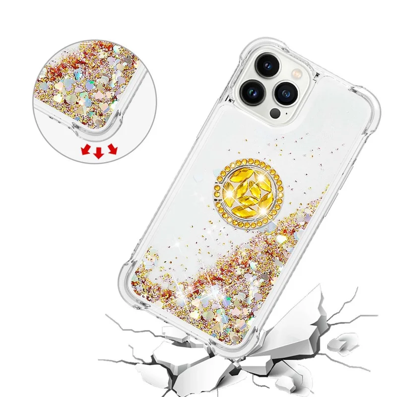 YB Quicksand Series-7 Für Iphone 14 Pro Max 6,7 Zoll Flüssigkeit Quicksand Protective TPU Back Cover Ringhalter Kickstand Telefonhülle - Gold / Herzen