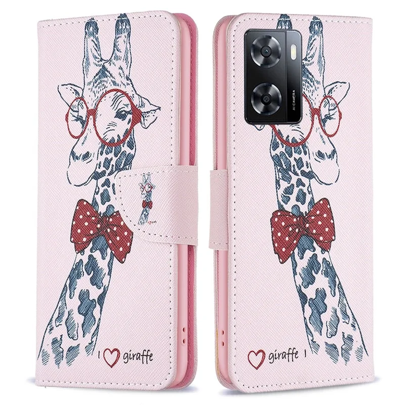For Oppo A57 4G / A57s 4G Phone Case Pattern Printing PU Leather Wallet Stand Cover - Giraffe