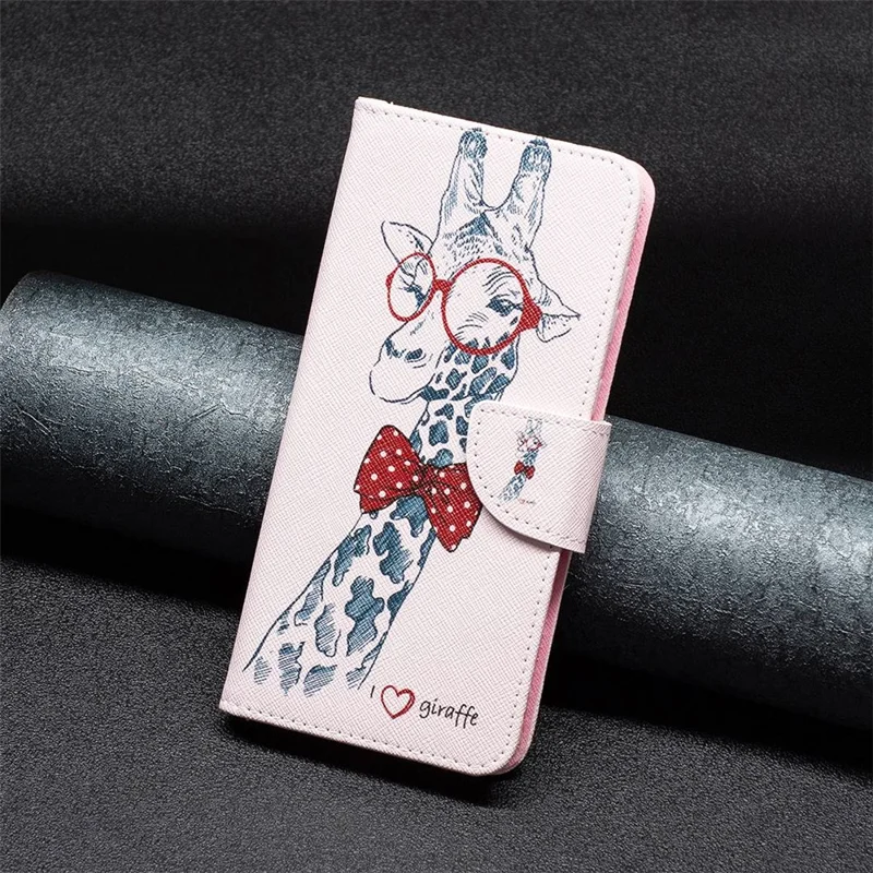 For Oppo A57 4G / A57s 4G Phone Case Pattern Printing PU Leather Wallet Stand Cover - Giraffe