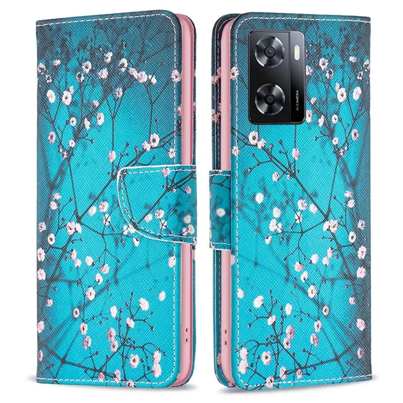 For Oppo A57 4G / A57s 4G Phone Case Pattern Printing PU Leather Wallet Stand Cover - Plum Blossom