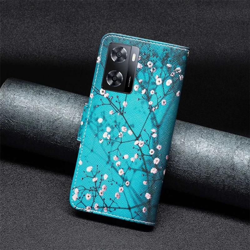 For Oppo A57 4G / A57s 4G Phone Case Pattern Printing PU Leather Wallet Stand Cover - Plum Blossom