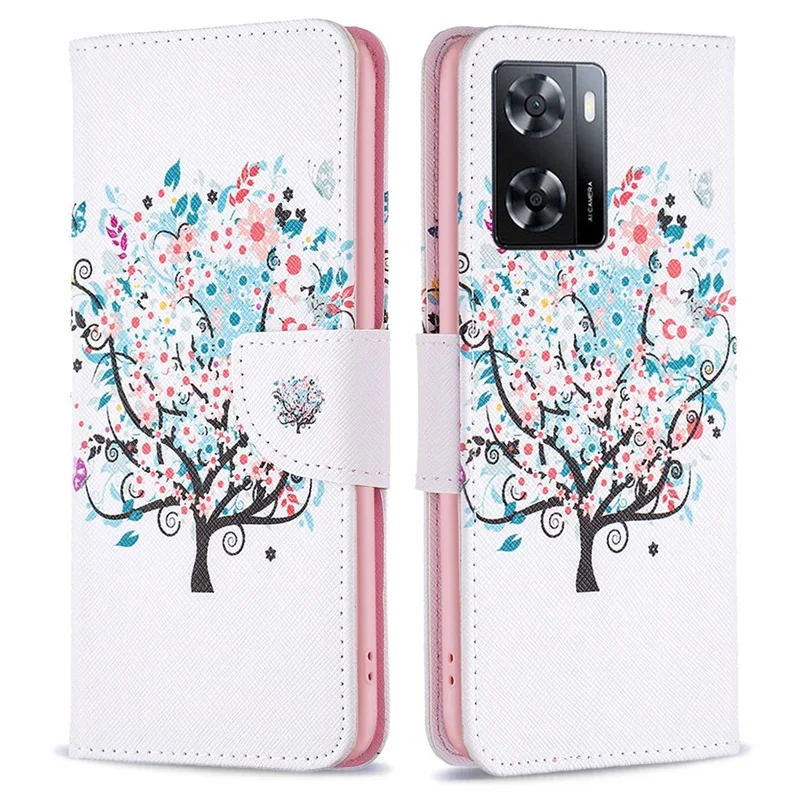For Oppo A57 4G / A57s 4G Phone Case Pattern Printing PU Leather Wallet Stand Cover - Flower Tree