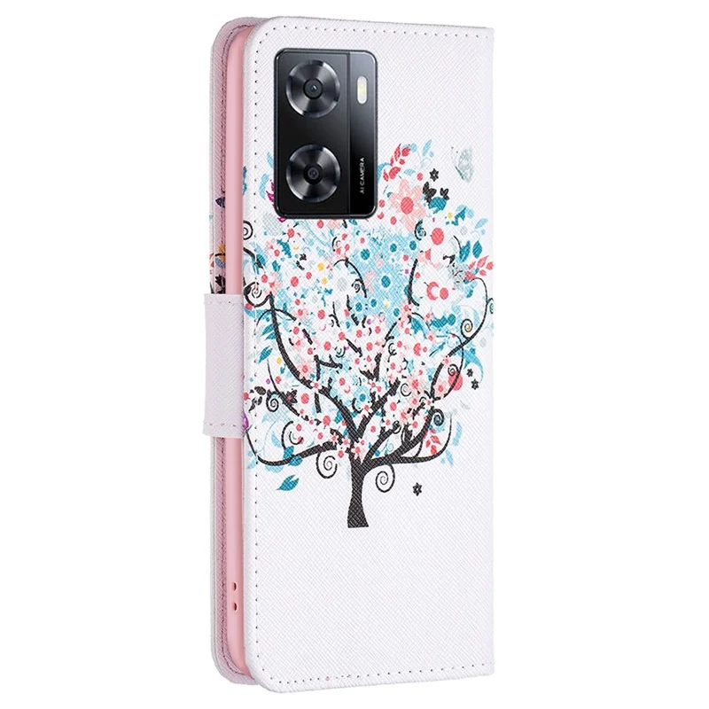 For Oppo A57 4G / A57s 4G Phone Case Pattern Printing PU Leather Wallet Stand Cover - Flower Tree