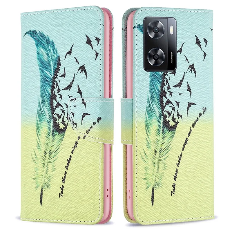 For Oppo A57 4G / A57s 4G Phone Case Pattern Printing PU Leather Wallet Stand Cover - Feather