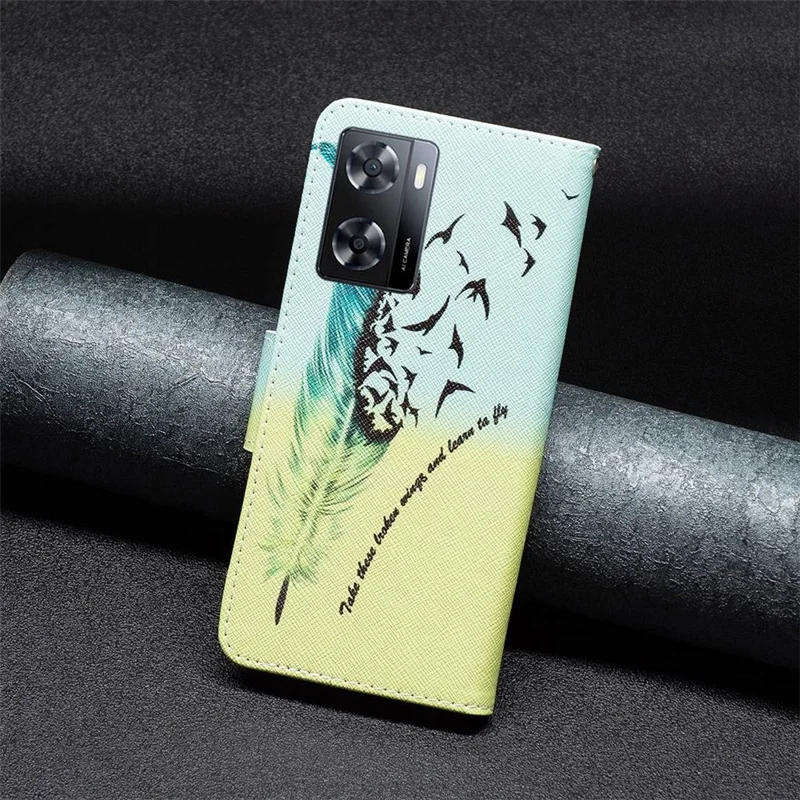 For Oppo A57 4G / A57s 4G Phone Case Pattern Printing PU Leather Wallet Stand Cover - Feather