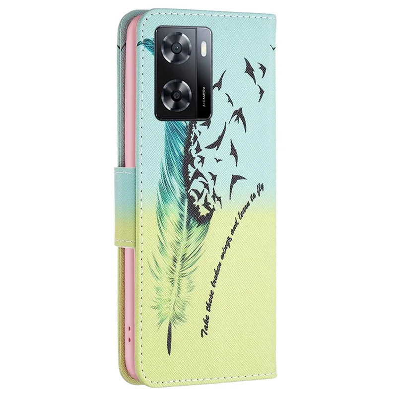 For Oppo A57 4G / A57s 4G Phone Case Pattern Printing PU Leather Wallet Stand Cover - Feather