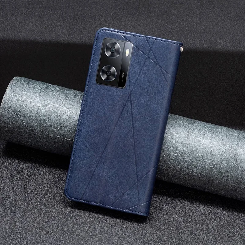 For Oppo A57 4G / A57s 4G Leather Case with Card Holder Imprinting Pattern Phone Stand Cover - Blue