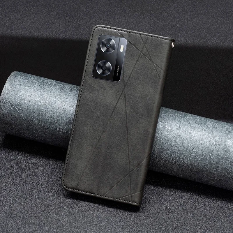 For Oppo A57 4G / A57s 4G Leather Case with Card Holder Imprinting Pattern Phone Stand Cover - Black