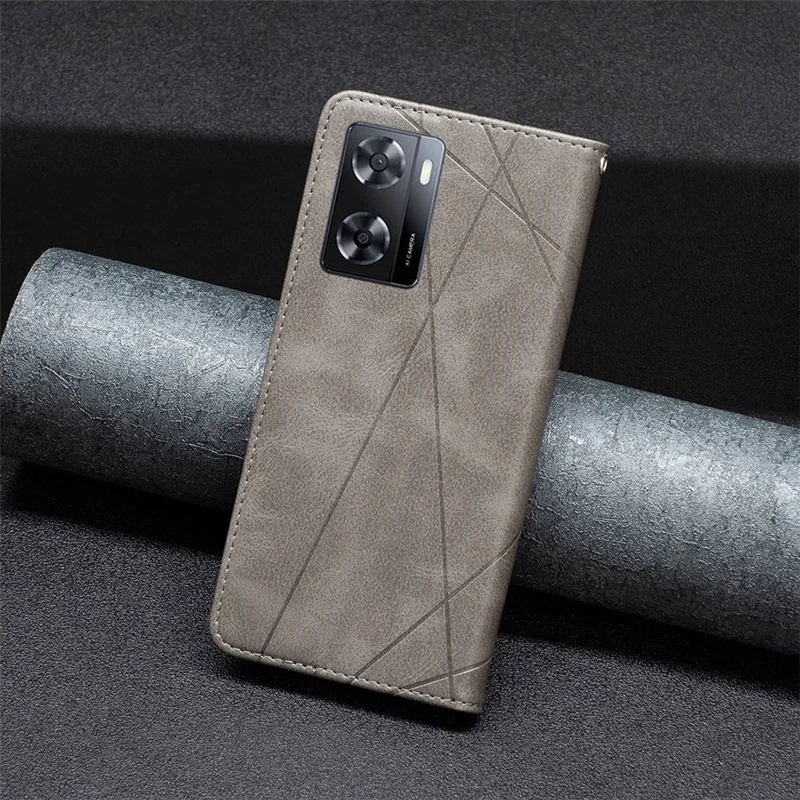 For Oppo A57 4G / A57s 4G Leather Case with Card Holder Imprinting Pattern Phone Stand Cover - Grey