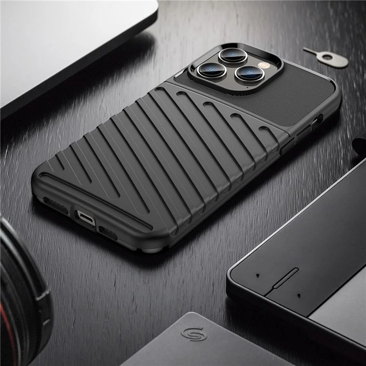 Para Iphone 14 Pro Max 6.7 Pulgadas de la Serie Thunder TPU TPU Bien Protegida Case de Teléfonos Bien Protegido Textura Anti-scrach - Negro