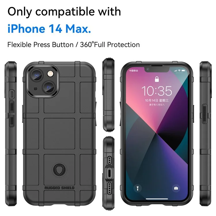 For iPhone 14 Plus 6.7 inch Rugged Square Grid Protective Case Thickened TPU Shockproof Phone Shell - Black