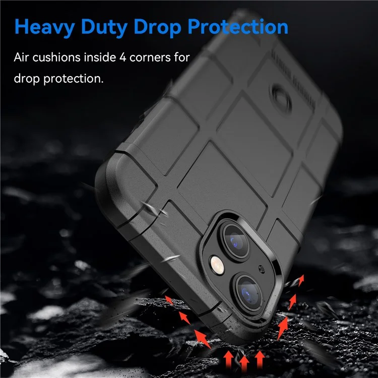 For iPhone 14 Plus 6.7 inch Rugged Square Grid Protective Case Thickened TPU Shockproof Phone Shell - Black