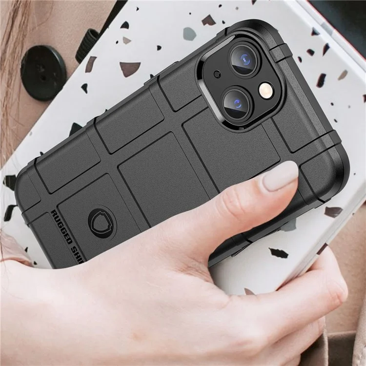 For iPhone 14 Plus 6.7 inch Rugged Square Grid Protective Case Thickened TPU Shockproof Phone Shell - Black