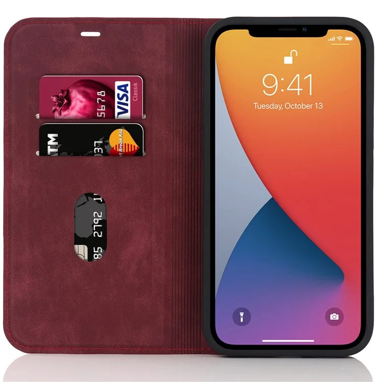 Per Iphone 12 6,1 Pollici / 12 Pro 6,1 Pollici a Magnetico Auto-assorbito PU Porta Del Supporto Per Supporto Per Supporto in Pelle PU Con Blocco RFID - Rosso