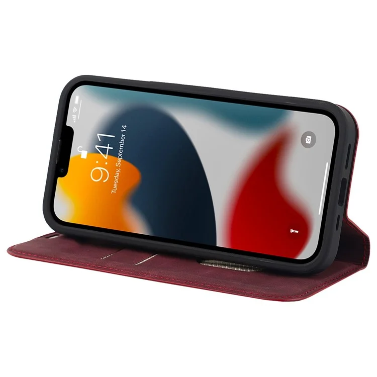 Para Iphone 13 6.1 Pulgadas de Tarjetas de Cuero PU Case de Teléfono Rfid Bloqueo de Bloqueo Magnético Autorética Automatida Anti-drop Cover - Rojo