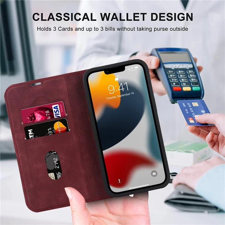 Para Iphone 13 6.1 Pulgadas de Tarjetas de Cuero PU Case de Teléfono Rfid Bloqueo de Bloqueo Magnético Autorética Automatida Anti-drop Cover - Rojo