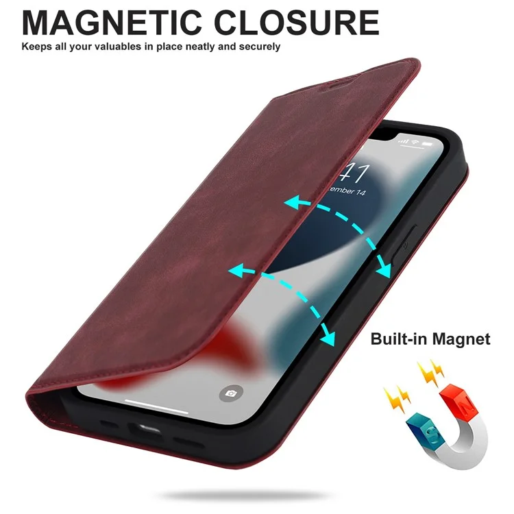 Para Iphone 13 6.1 Pulgadas de Tarjetas de Cuero PU Case de Teléfono Rfid Bloqueo de Bloqueo Magnético Autorética Automatida Anti-drop Cover - Rojo