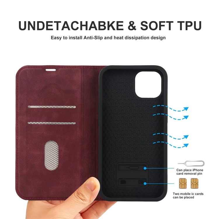 Para Iphone 13 6.1 Pulgadas de Tarjetas de Cuero PU Case de Teléfono Rfid Bloqueo de Bloqueo Magnético Autorética Automatida Anti-drop Cover - Rojo