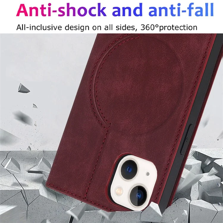 Para Iphone 13 6.1 Pulgadas de Tarjetas de Cuero PU Case de Teléfono Rfid Bloqueo de Bloqueo Magnético Autorética Automatida Anti-drop Cover - Rojo