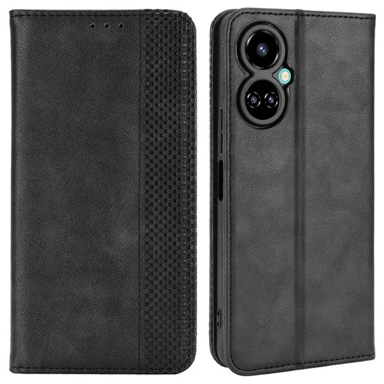Para Tecno Camon 19 4G Cobertura Completa Fechamento Automático Fólio Magnético Flip Retro pu da Carteira de Couro Suporte de Função de Telefone - Preto