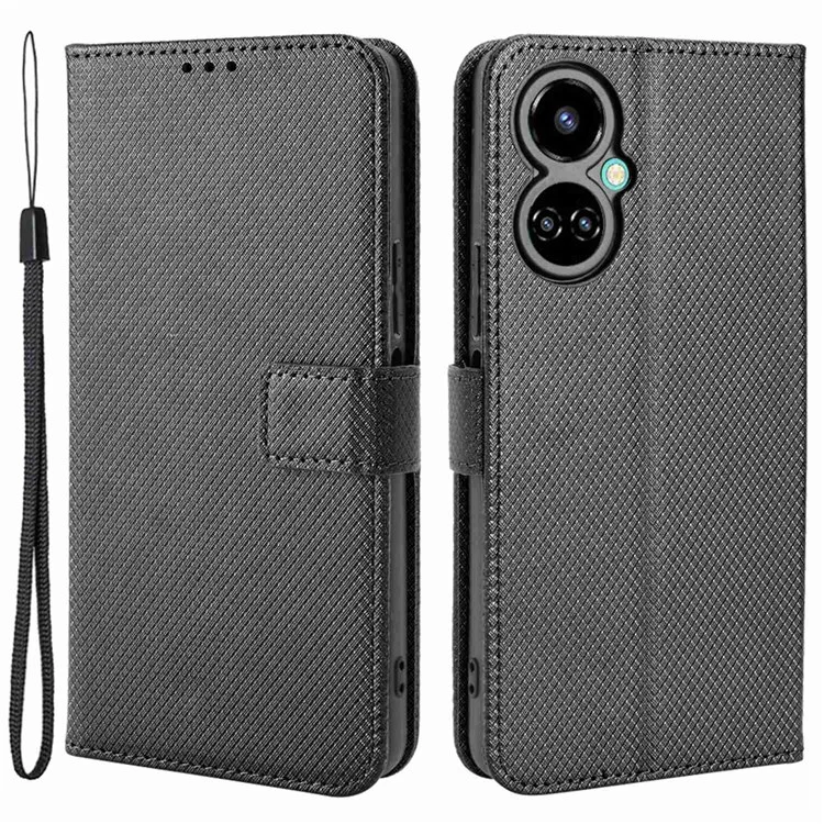 For TECNO Camon 19 Pro 4G Flip Wallet Case Diamond Texture PU Leather Cover Stand Card Holder with Wrist Strap  - Black